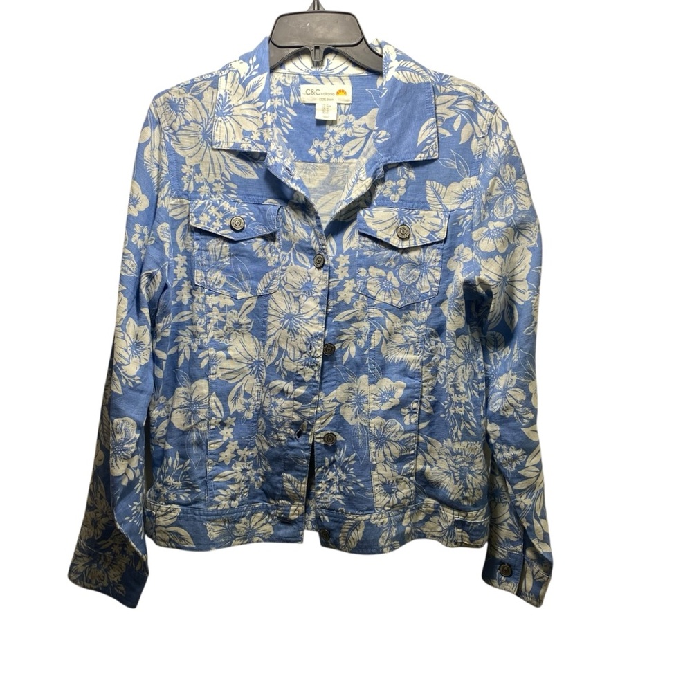 100% Linen Floral Long Sleeve Utility Jacket Womens Romantic Light M Blue Pocket - Picture 2 of 7